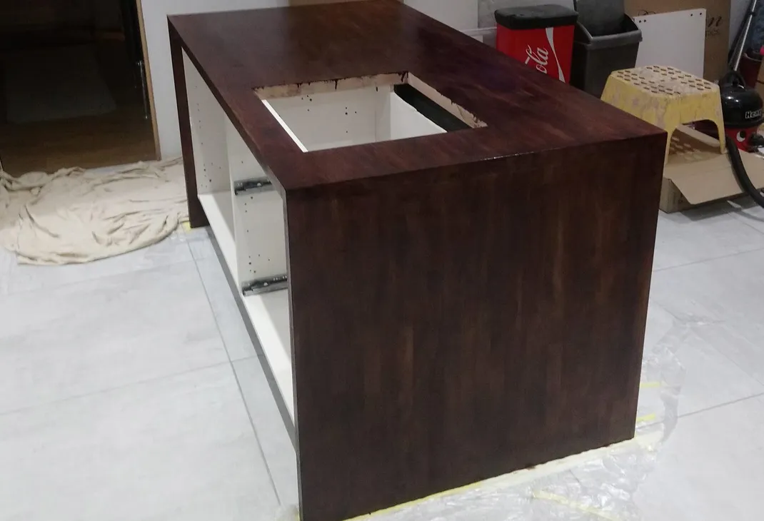 Kitchen island with freshly stained wood finish