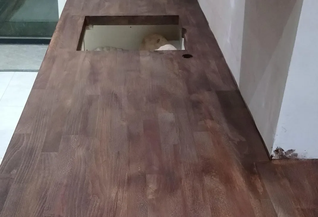 Newly stained kitchen work surface